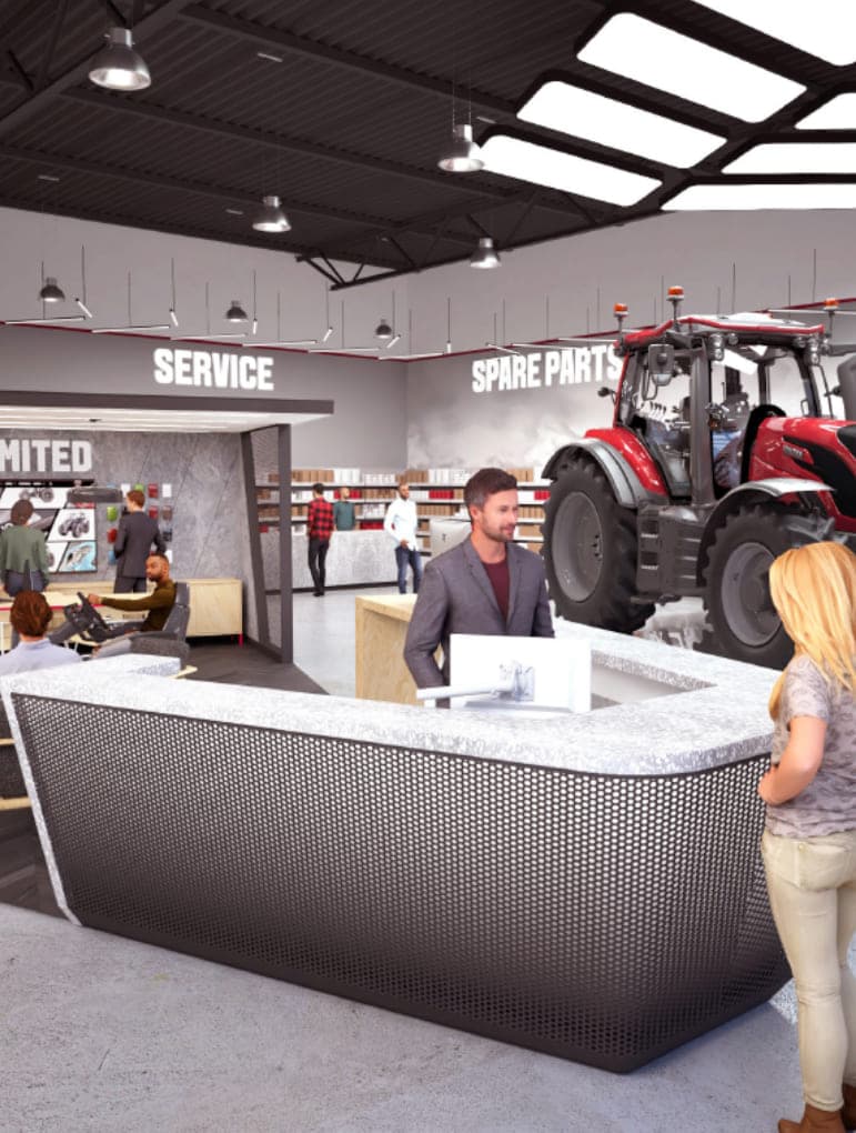 Concept visualisation of a dealership service counter, sales, service and spare parts signage overhead and a tractor on the floor behind.