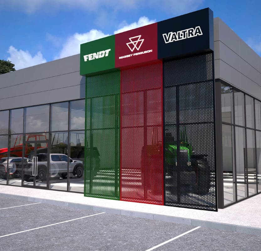 Concept visualization of a multi-brand dealership frontage, its glazing framed by Fendt, Massey Ferguson and Valtra color panels.