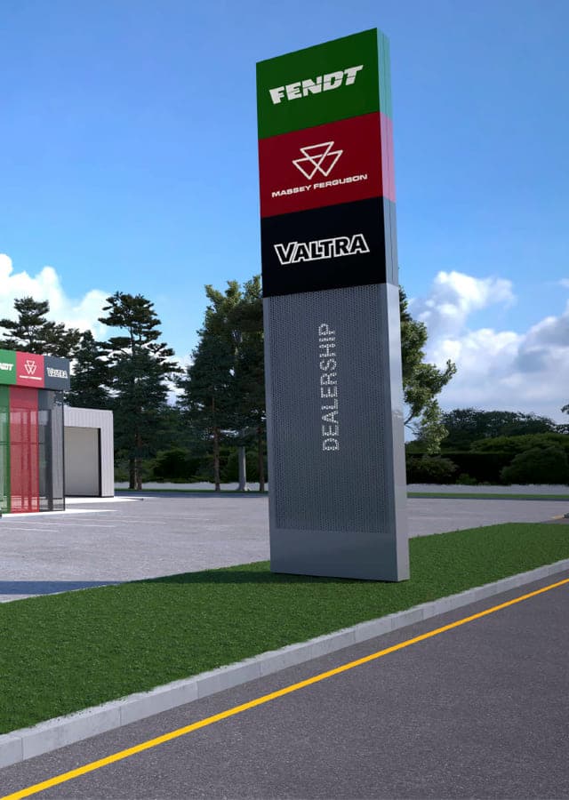 Concept visualization of a freestanding dealership totem carrying the Fendt, Massey Ferguson and Valtra marks above the AGCO logo.
