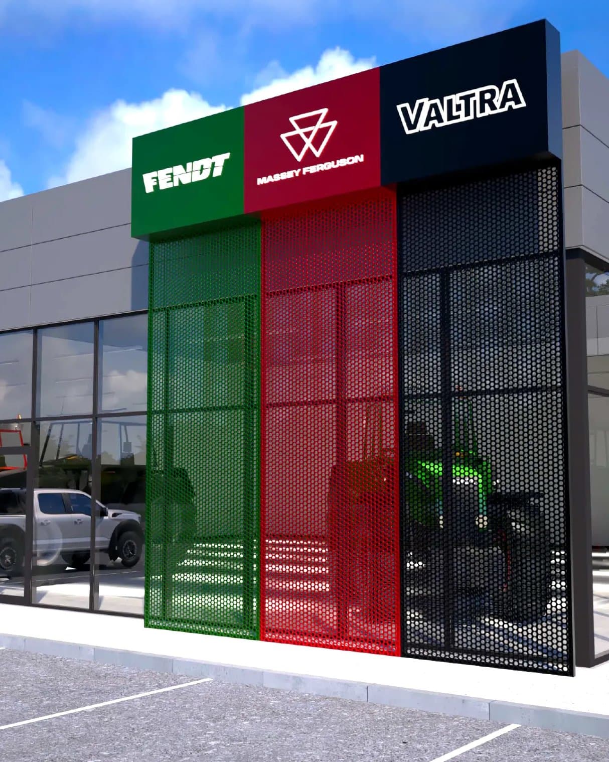 Concept visualization of a multi-brand dealership entrance: green, red and black perforated screens beneath the Fendt, Massey Ferguson and Valtra signage, a pickup and tractors visible through the showroom glass.