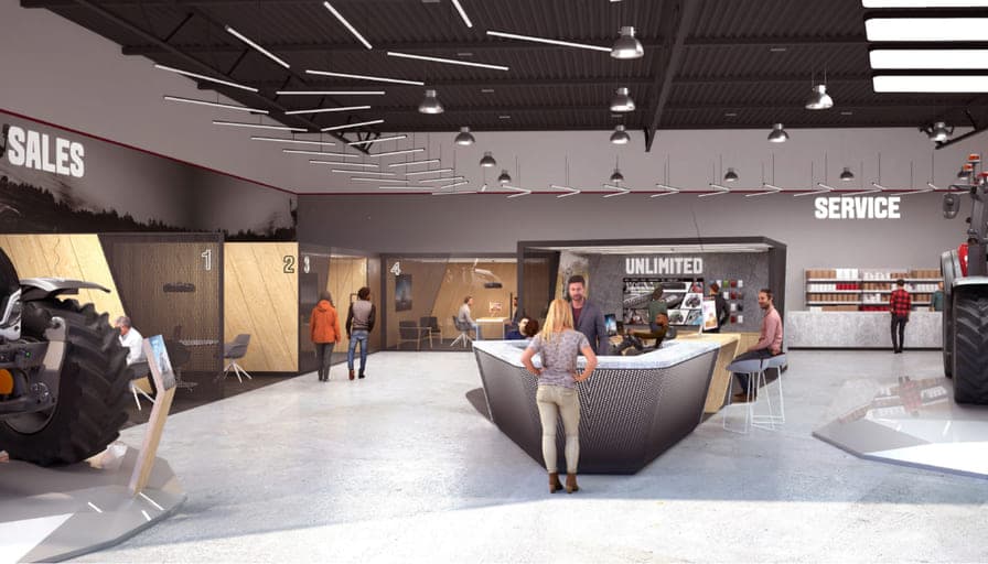 Concept visualization of a dealership service desk, staff and customers at the counter beneath sales and service signage.