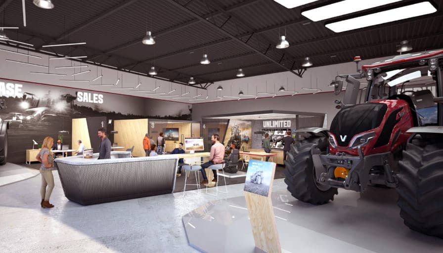 Concept visualisation of a dealership showroom floor, a tractor on display beside the reception desk and seating.