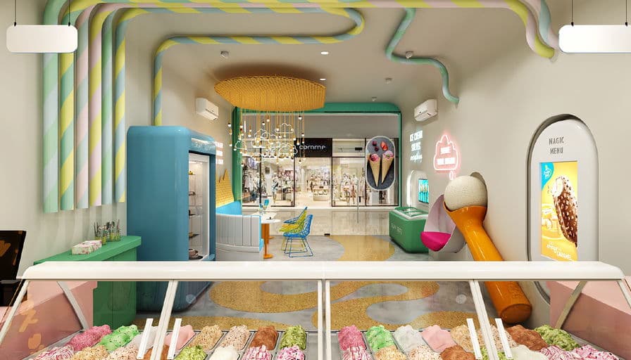 A visualisation of the Dreamery's open ice cream counter, looking out to the mall beyond.