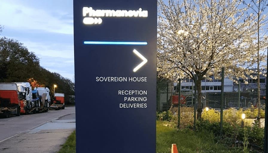 The Pharmanovia totem at dusk, lit against the blossom behind it.