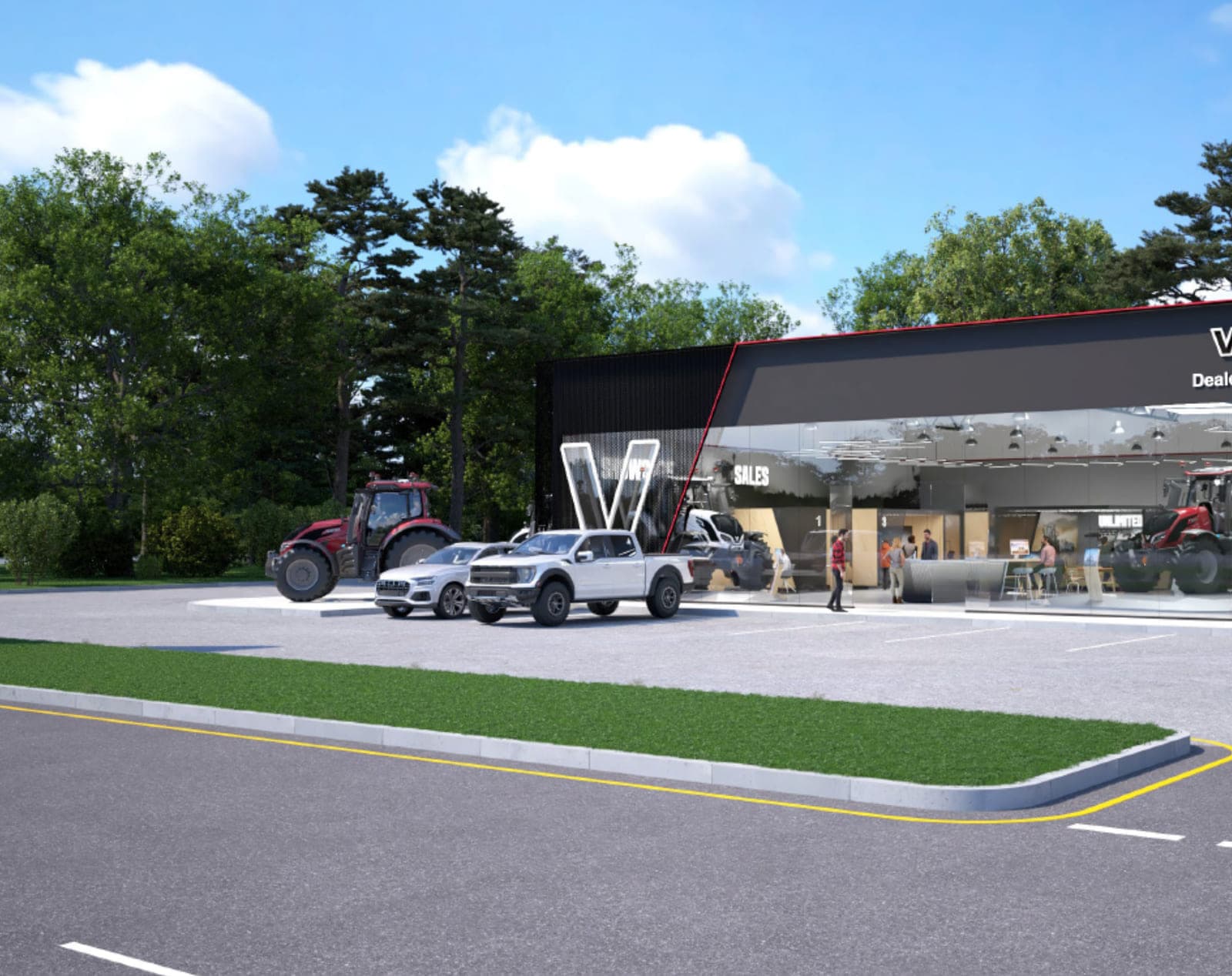 Concept visualization of a Valtra dealership forecourt, the illuminated V of the entrance canopy above the parked machinery.