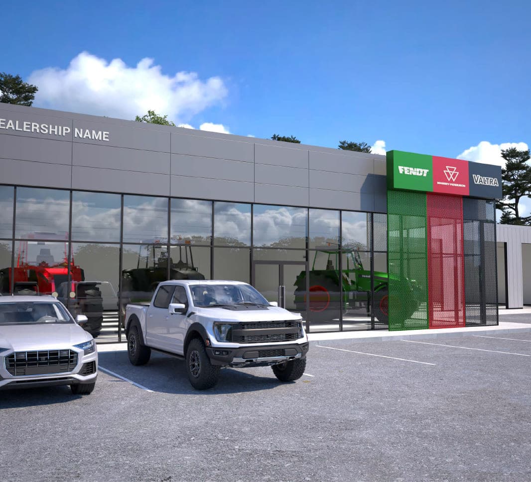 Concept visualisation of a dealership frontage under an open sky, the dealership name set beside the brand colour panels.