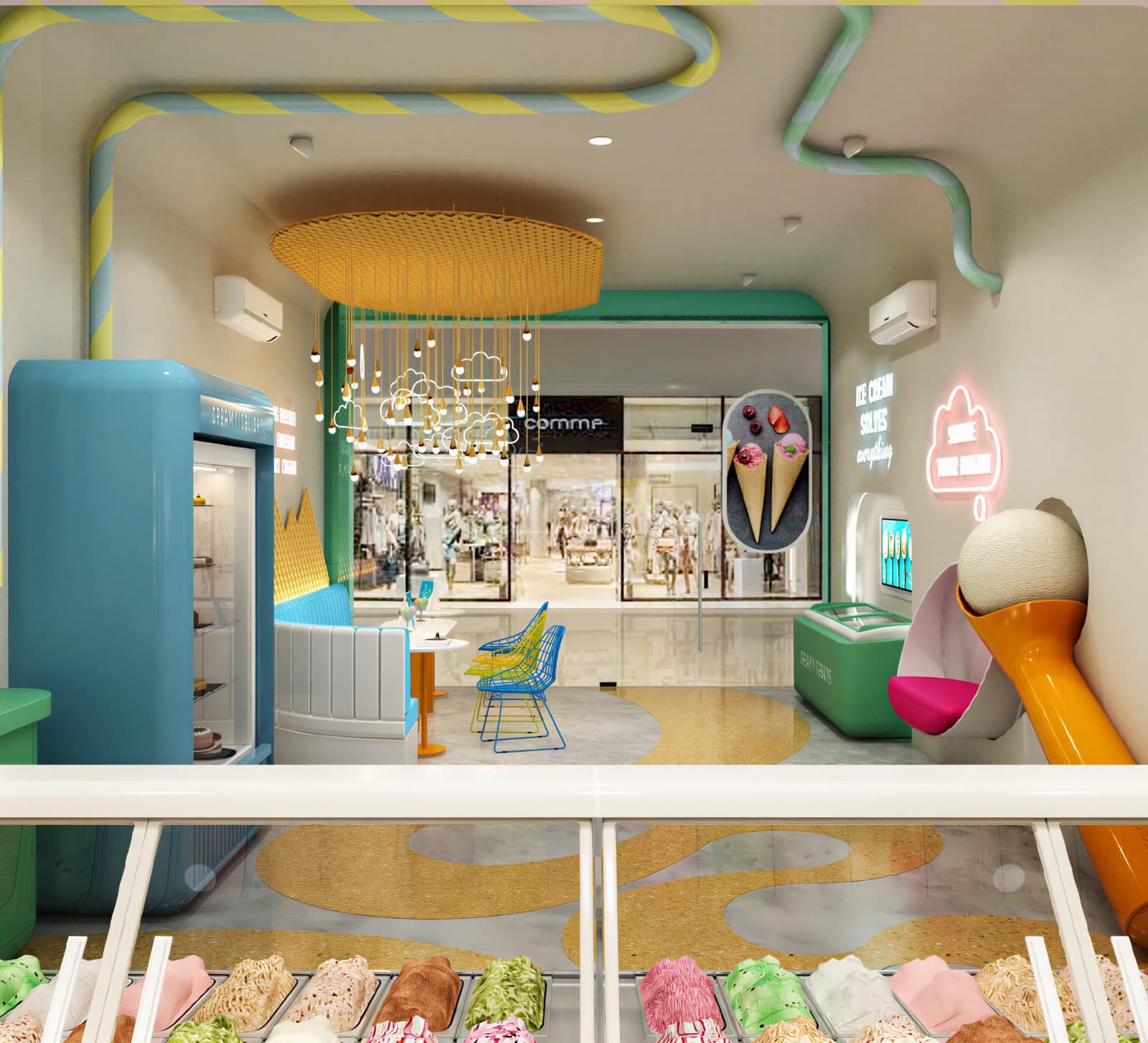 A visualisation of the Cream Bell parlour, with a display freezer, cone-shaped pendant chandelier, neon cloud sign and a giant ice-cream sculpture in the corner.