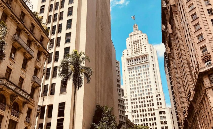 High-rise buildings in downtown São Paulo seen from street level