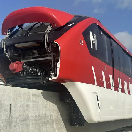 The nose of a red and white liveried train.