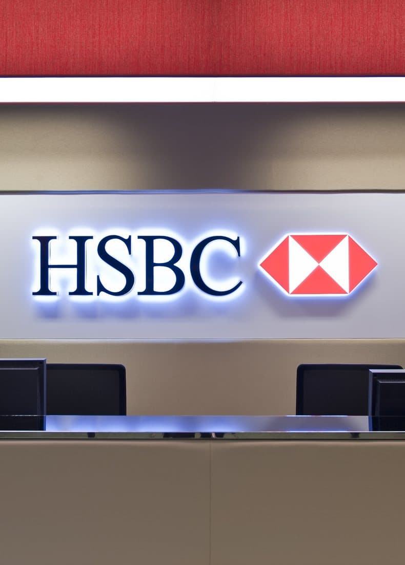 HSBC branding above a branch reception desk