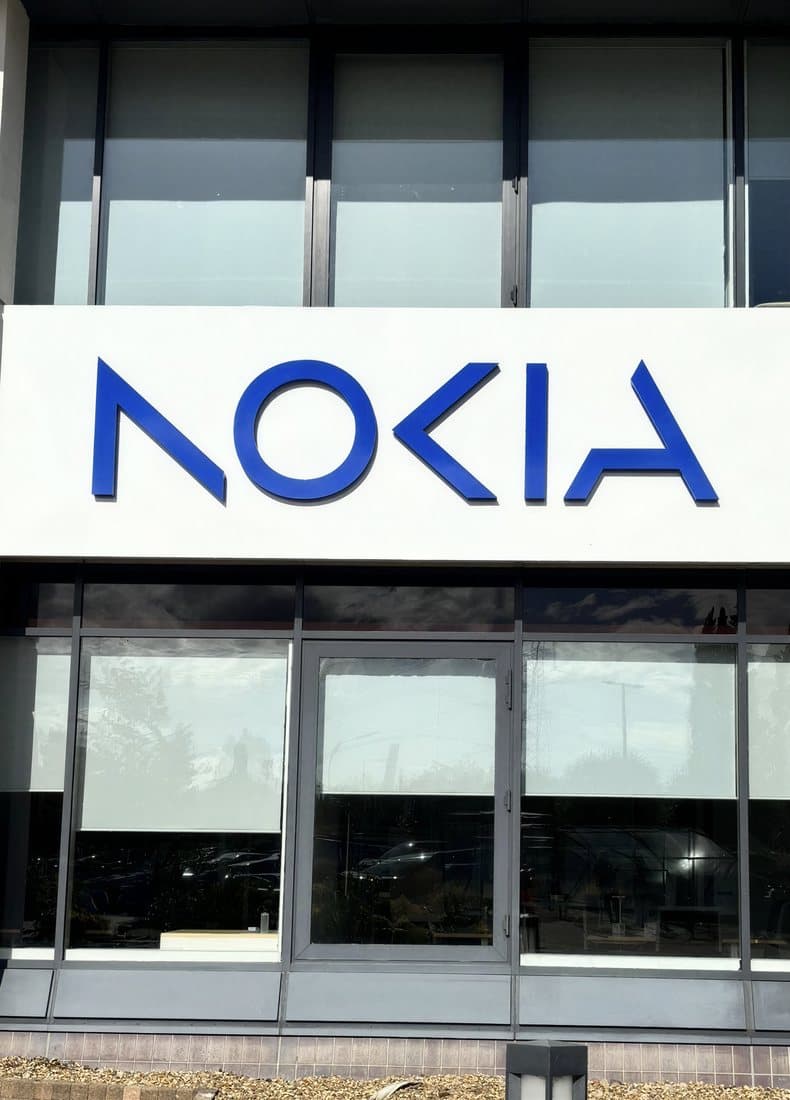 Nokia signage above the glazed entrance to an office building