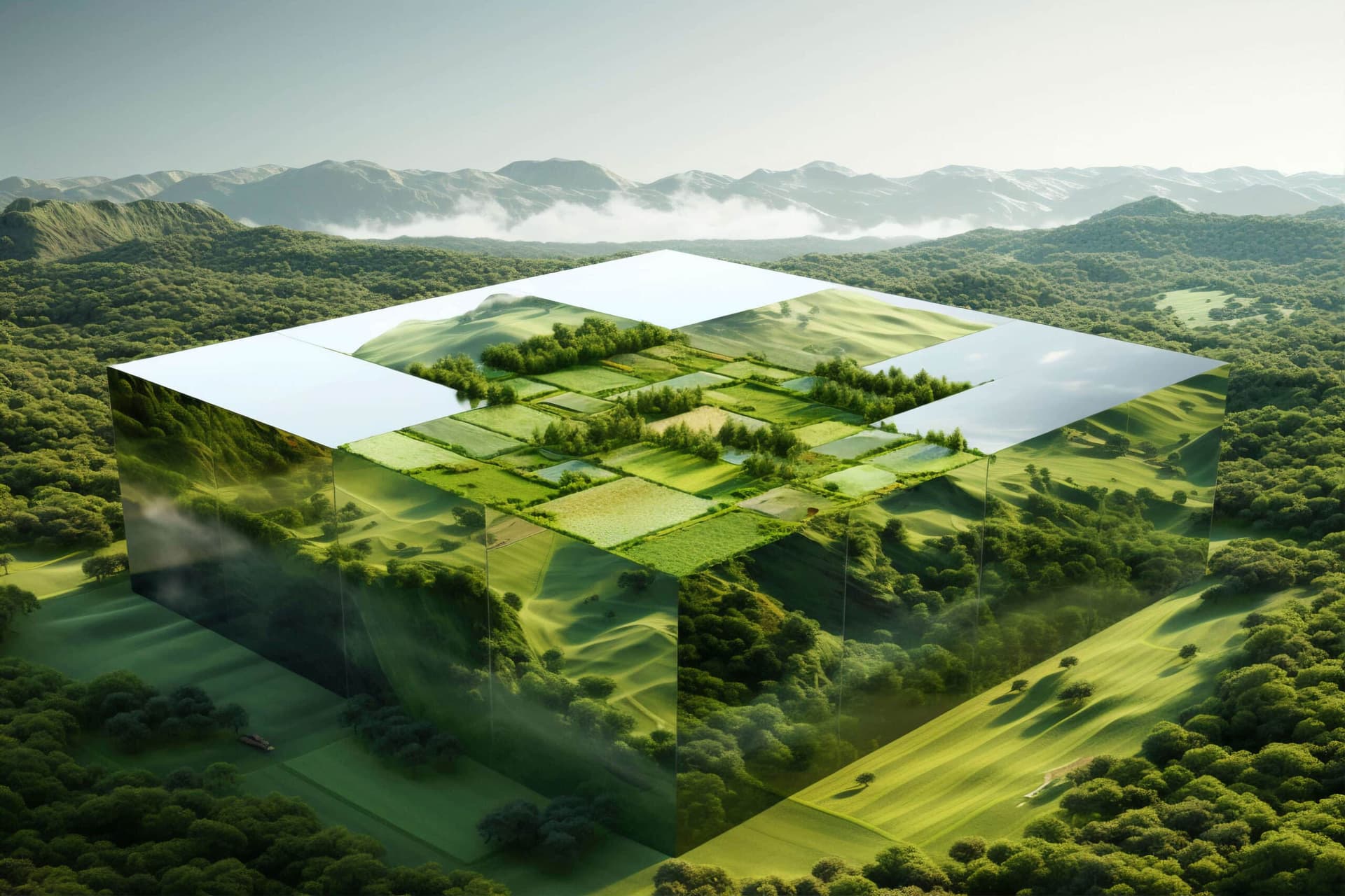 Mirrored cube set into green farmland and wooded hills, reflecting the landscape around it