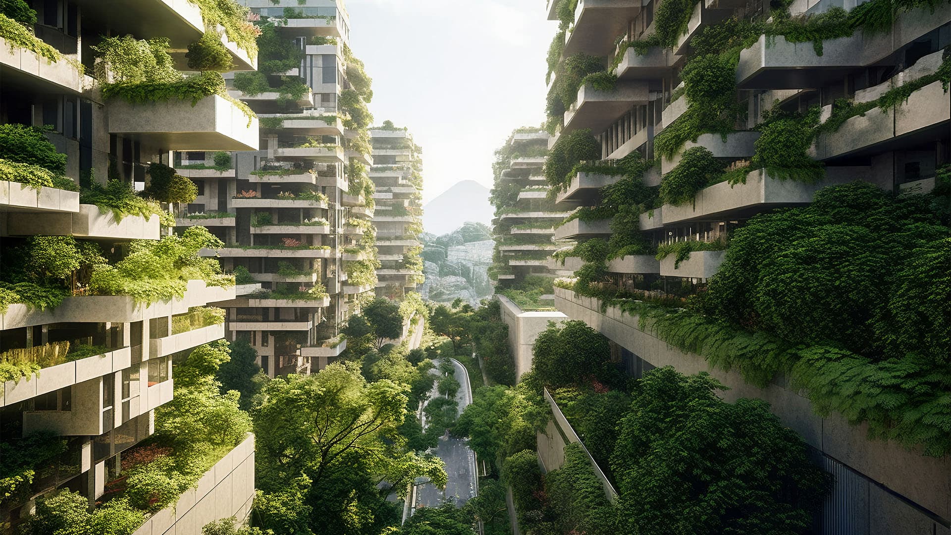 Apartment towers with every balcony planted, forming a green canyon