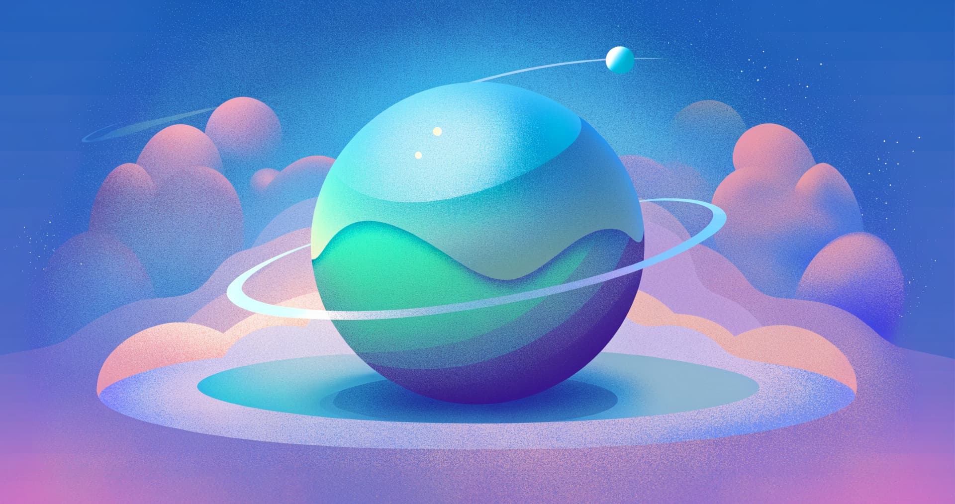 Illustration of a ringed planet above stylised clouds