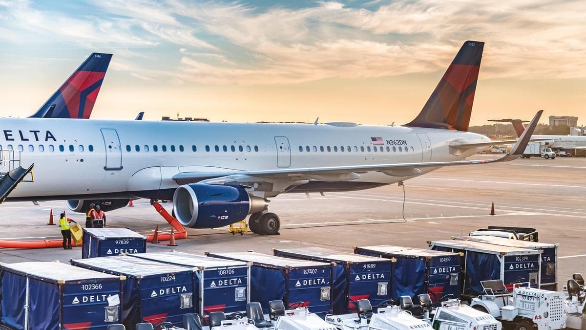 Delta Air Lines branded visual assets installed at an airport terminal