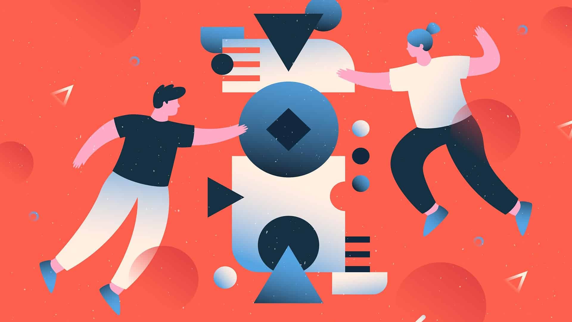 Illustration of two people assembling geometric shapes on a red background