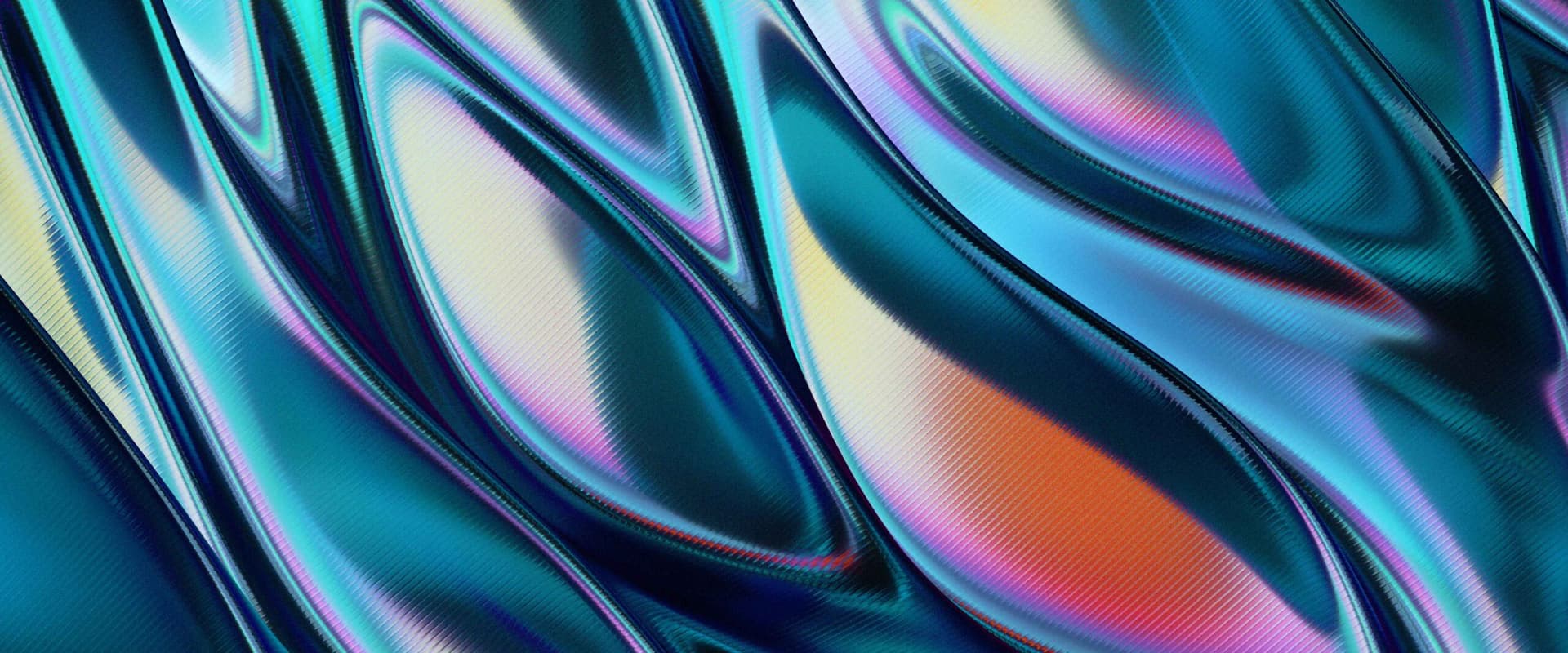 Iridescent folds of blue, pink and orange metallic material