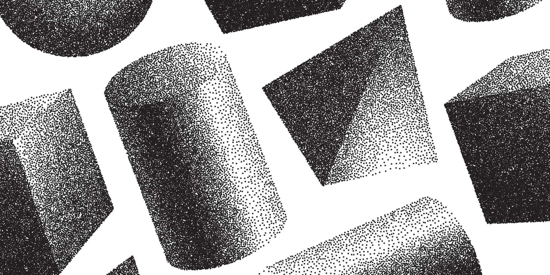 Stippled black-and-white illustration of scattered three-dimensional blocks and cylinders