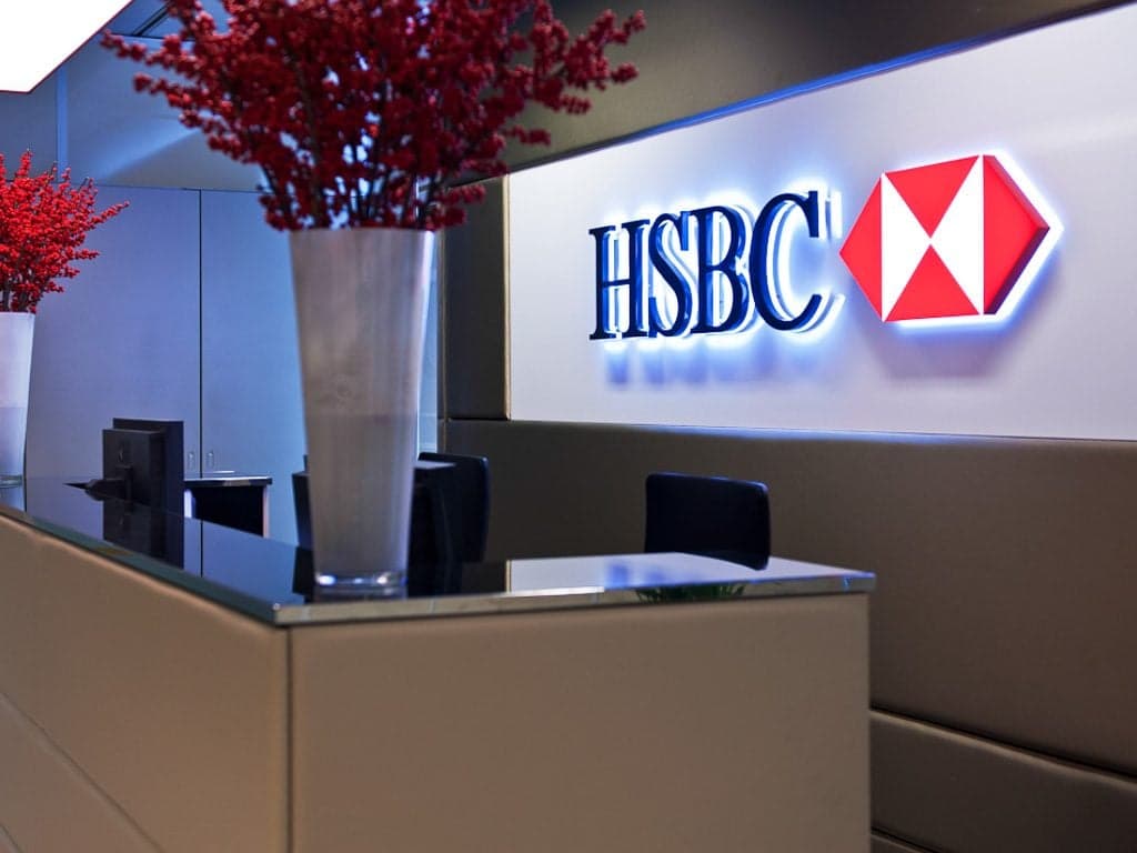An HSBC reception area with branded wall graphics